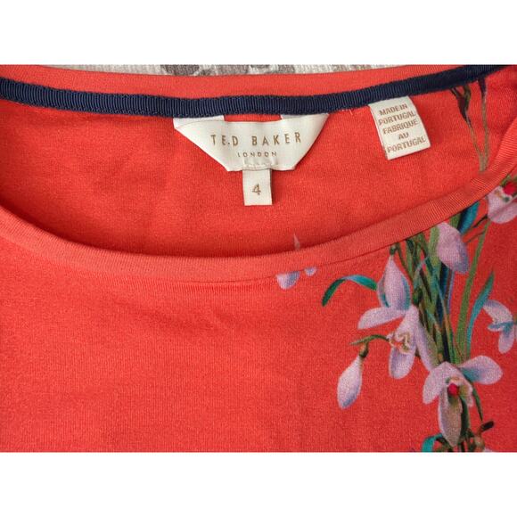 Ted Baker London Women's Floral Coral & Purple Short Sleeve T-shirt Size 4 - Picture 3 of 9